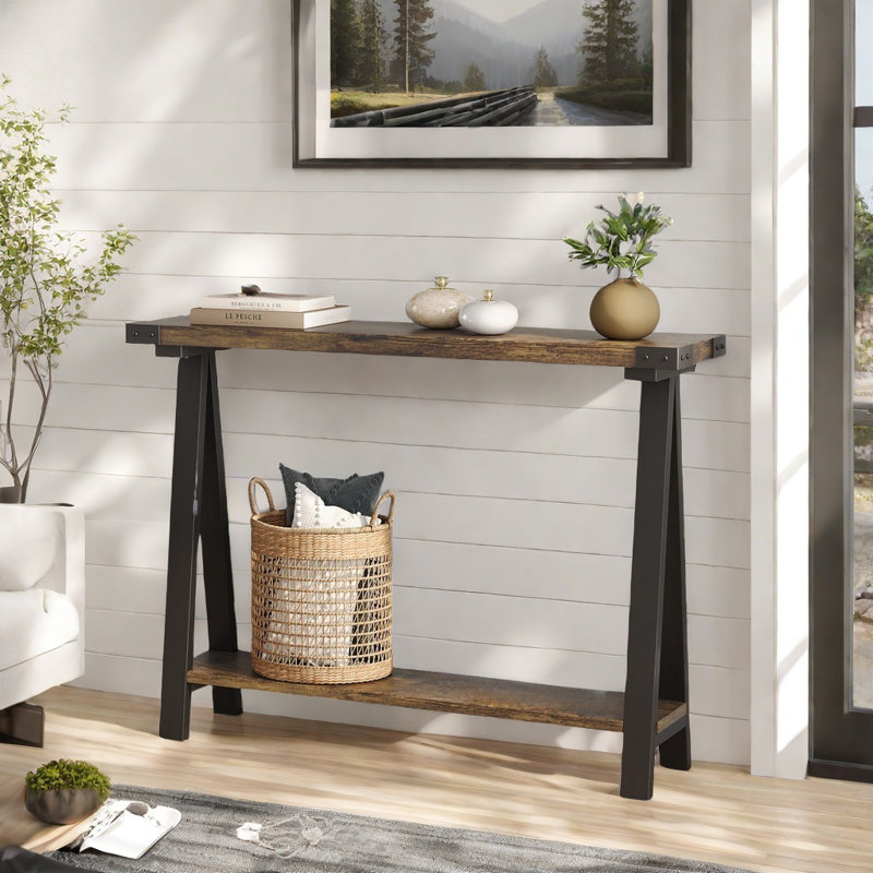 17 Stories 2 Tier Entryway Console Table Narrow Console Table Metal Frame V shaped Leg Design 43 Inch Sofa Table With Storage Shelves Wayfair